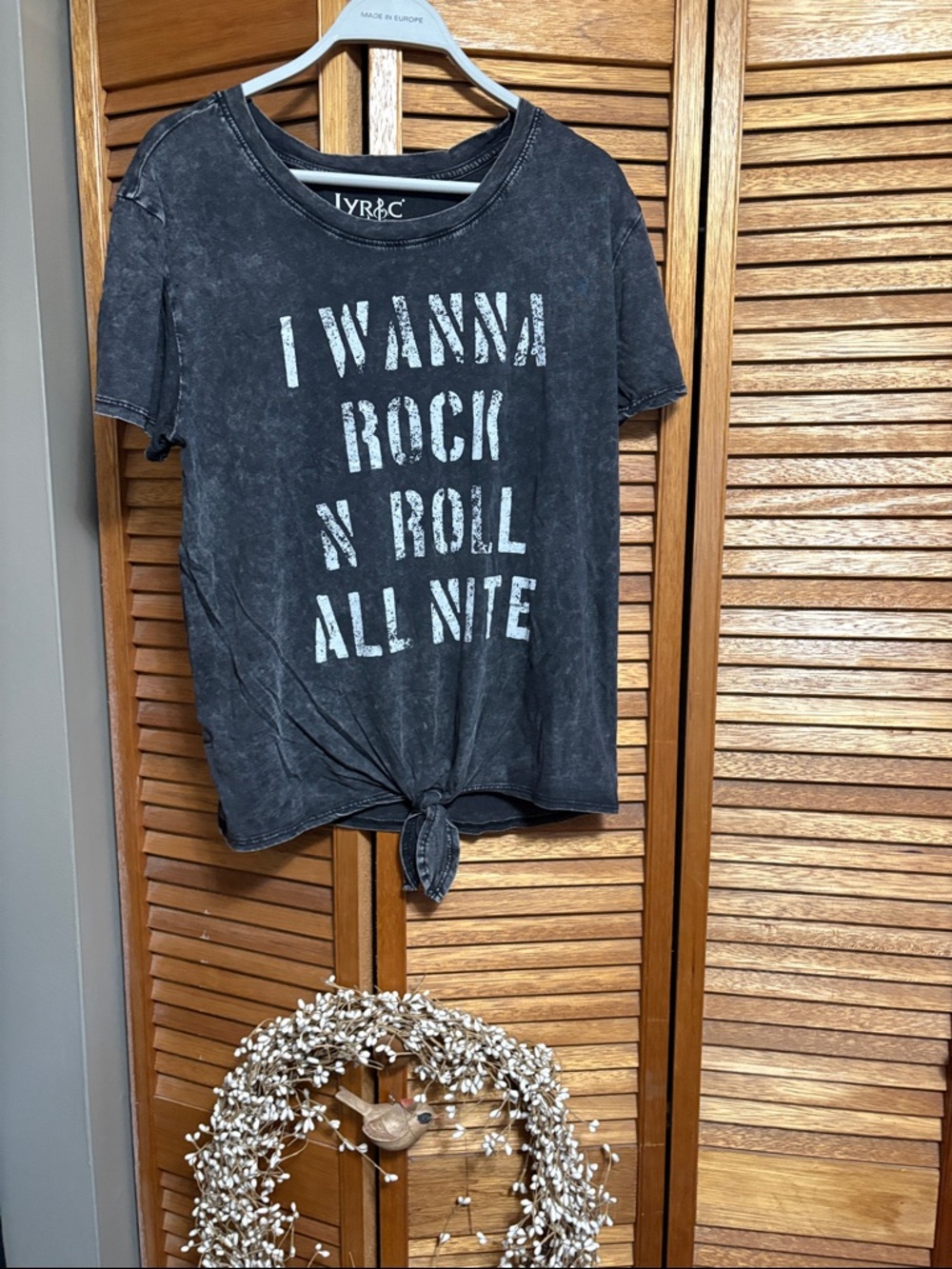 Lyric Black Washed Graphic Tie-Front Tee - I WANNA ROCK N' ROLL ALL NITE